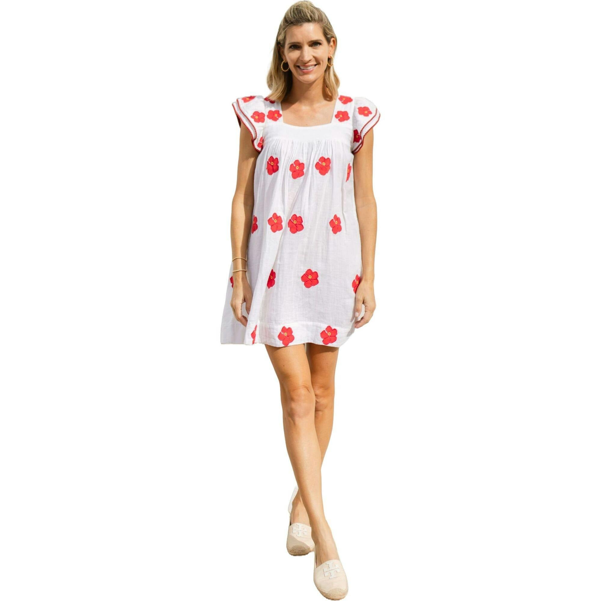Women's Square Neck Embroidered Short Sleeve Mini Dress, Pink
