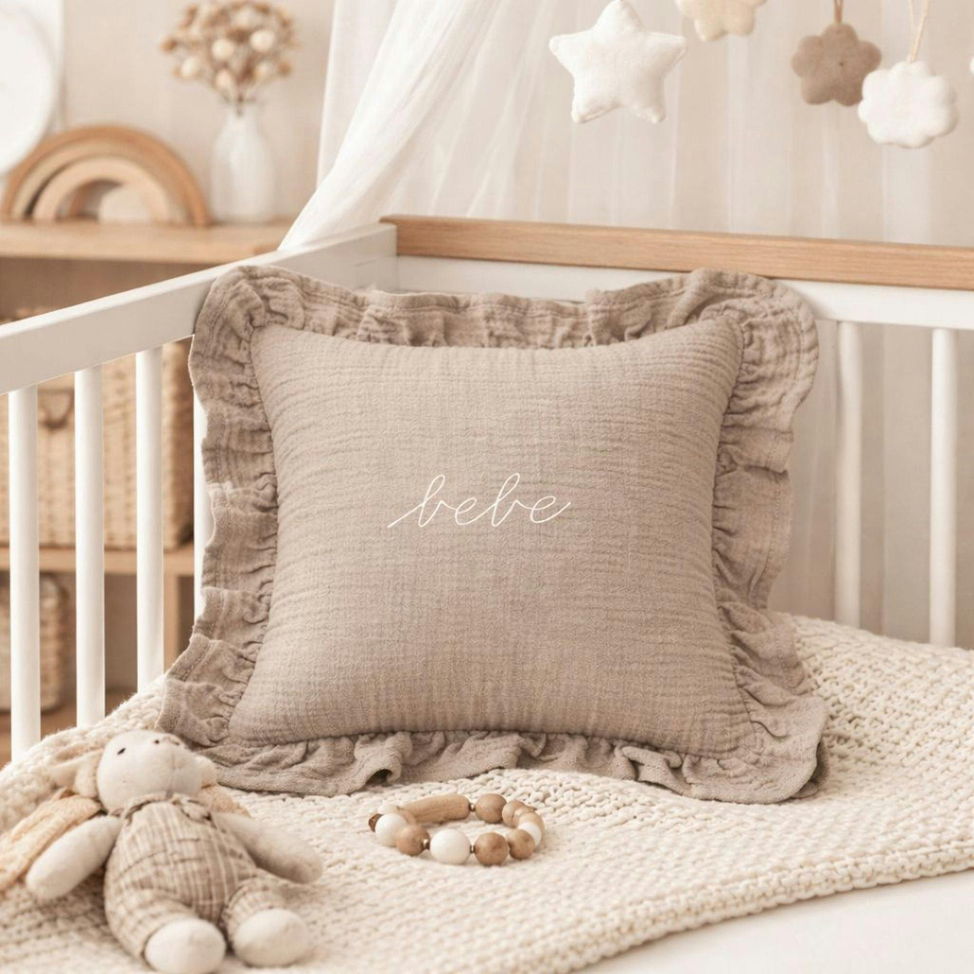 DH Taupe Gauze Bebe Ruffle Accent Pillow