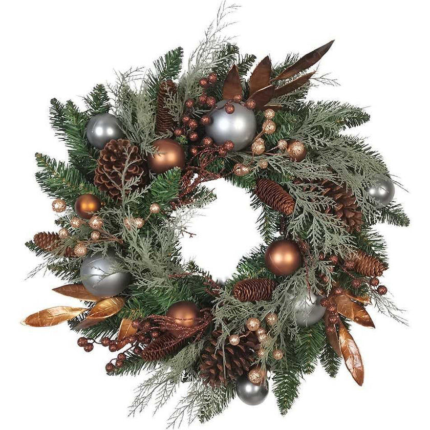 24-Inch Unlit Copper and Silver Balls Green Wreath