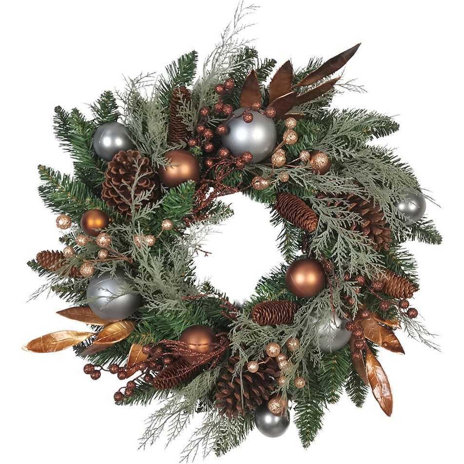 24-Inch Unlit Copper and Silver Balls Green Wreath