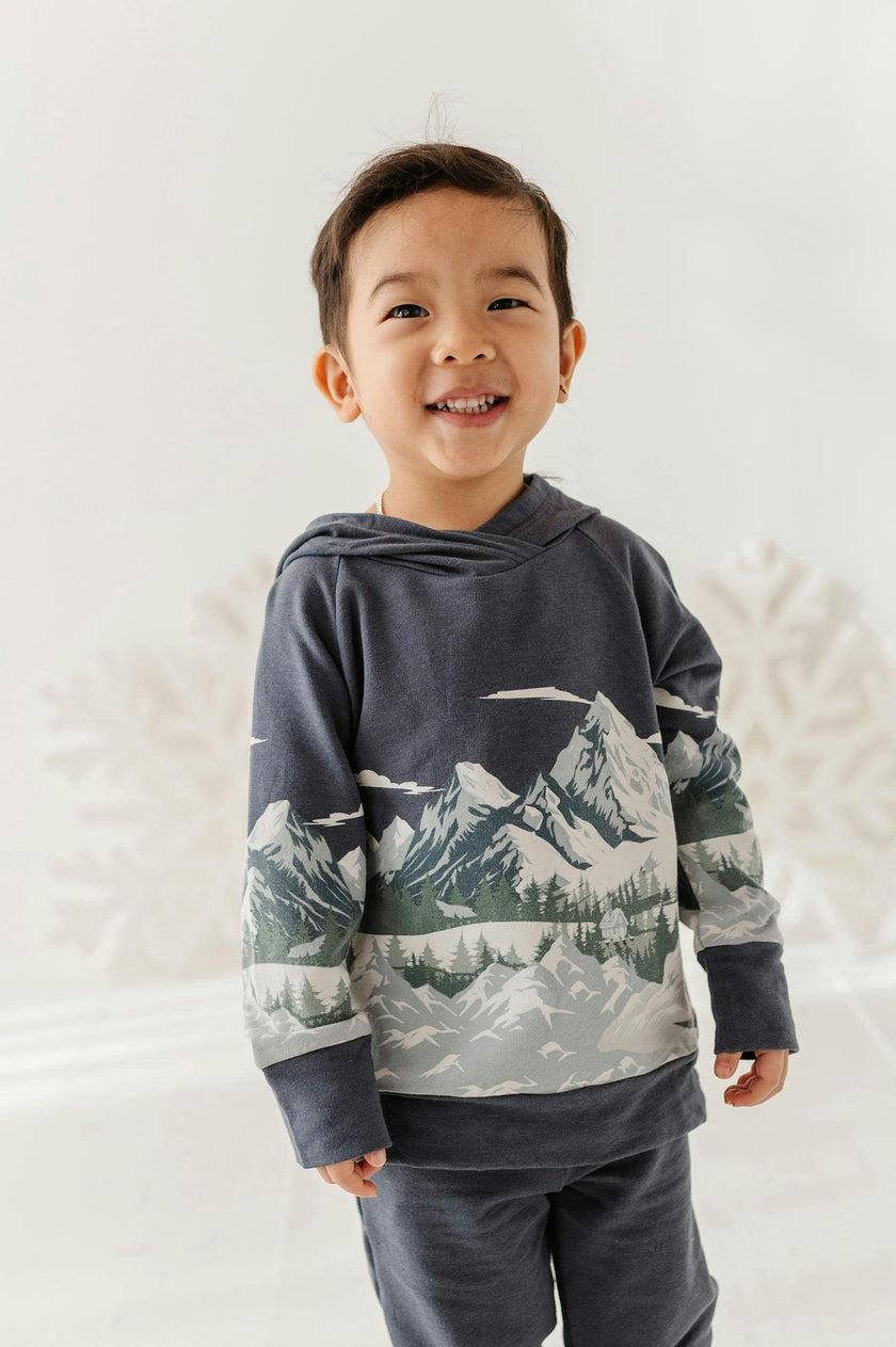 Boys Scenic Raglan Hoodie in Mountains on Nightfall Blue
