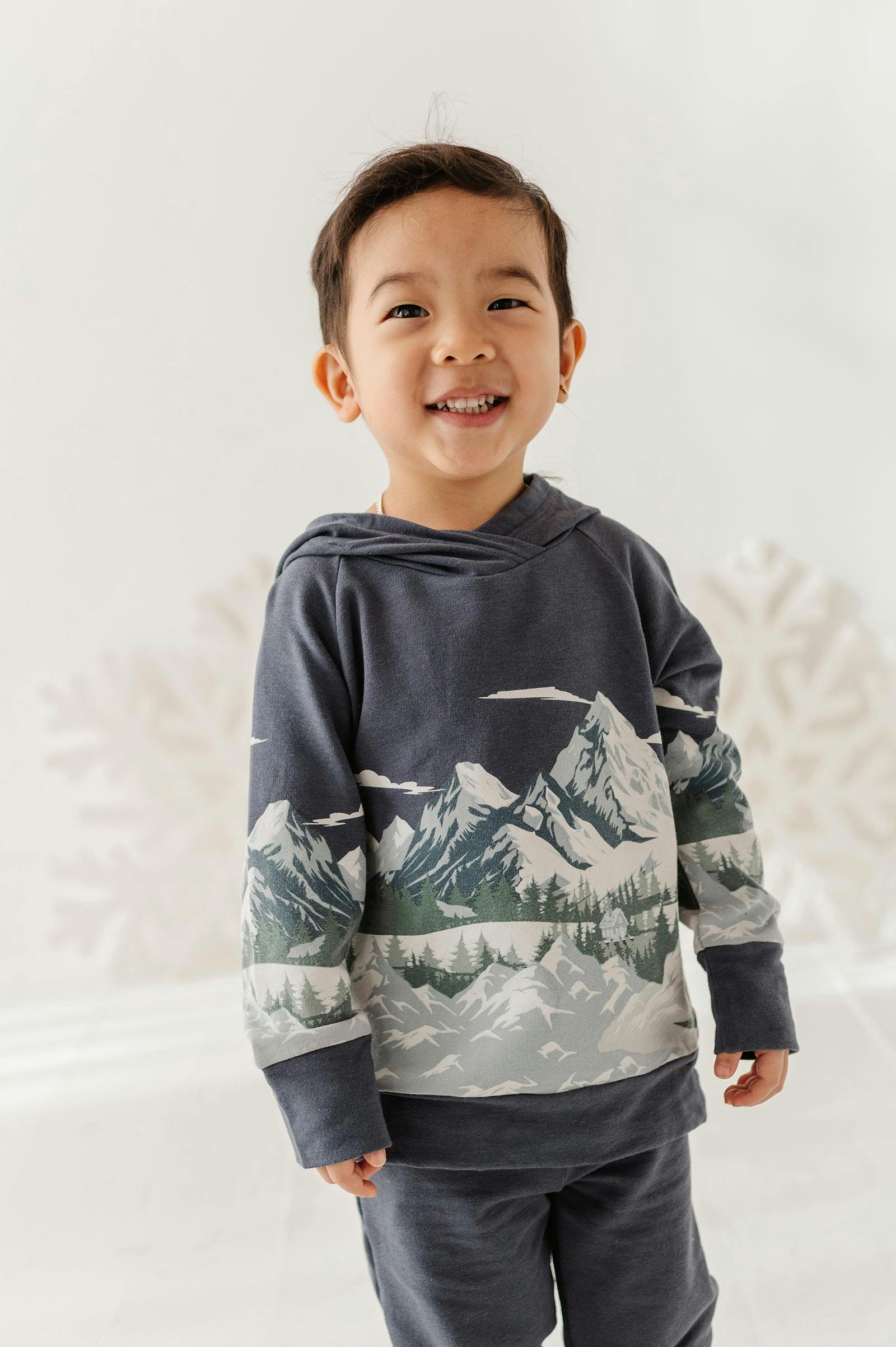 Boys Scenic Raglan Hoodie in Mountains on Nightfall Blue