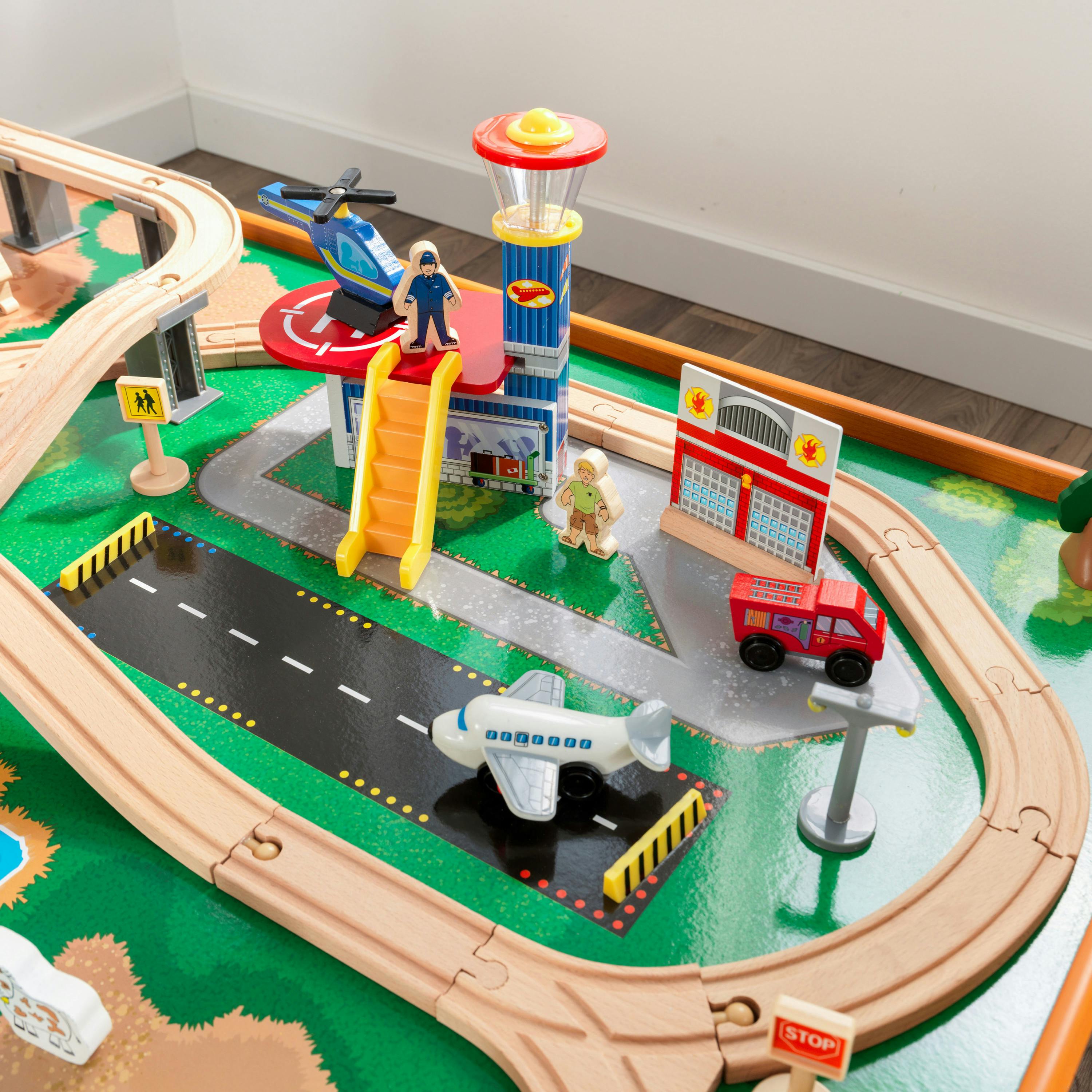 Ride Around Town Wooden Train Set and Table - Honey