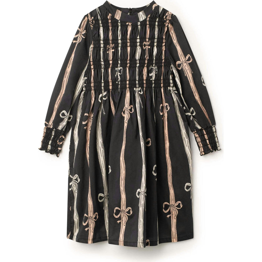 Printed Smocked Cuffs Dress Black Bow-Print