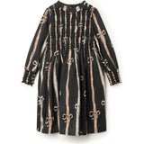 Printed Smocked Cuffs Dress Black Bow-Print