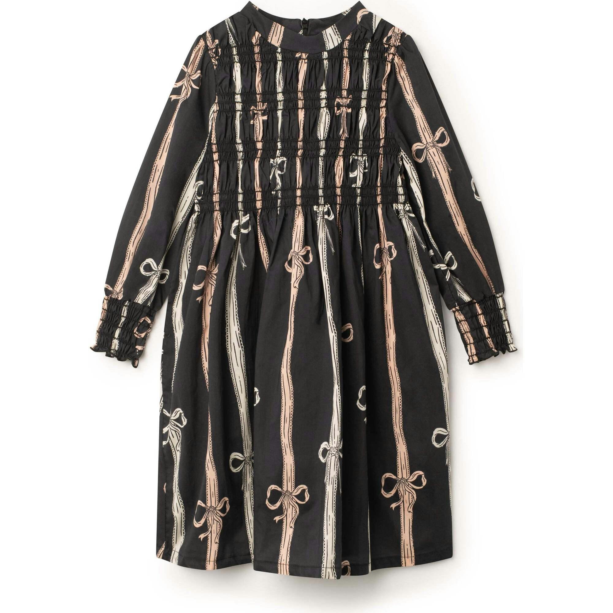 Printed Smocked Cuffs Dress Black Bow-Print