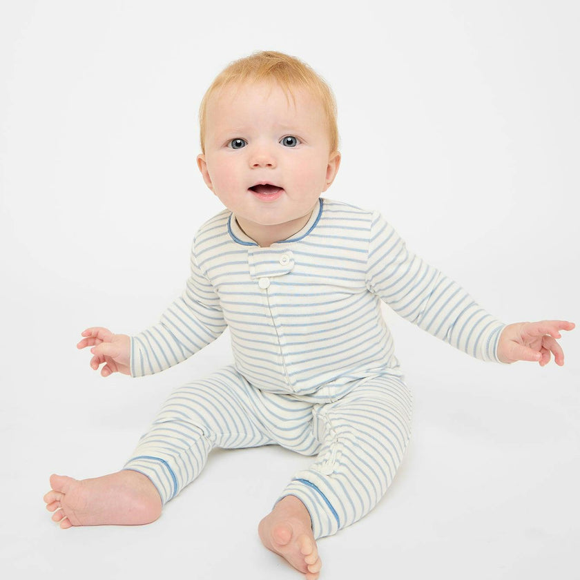 Ziggy Zip Romper, Dusty Blue Mini Stripe