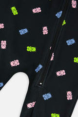 One Piece Thermal Underwear Black Printed Gummy Bears