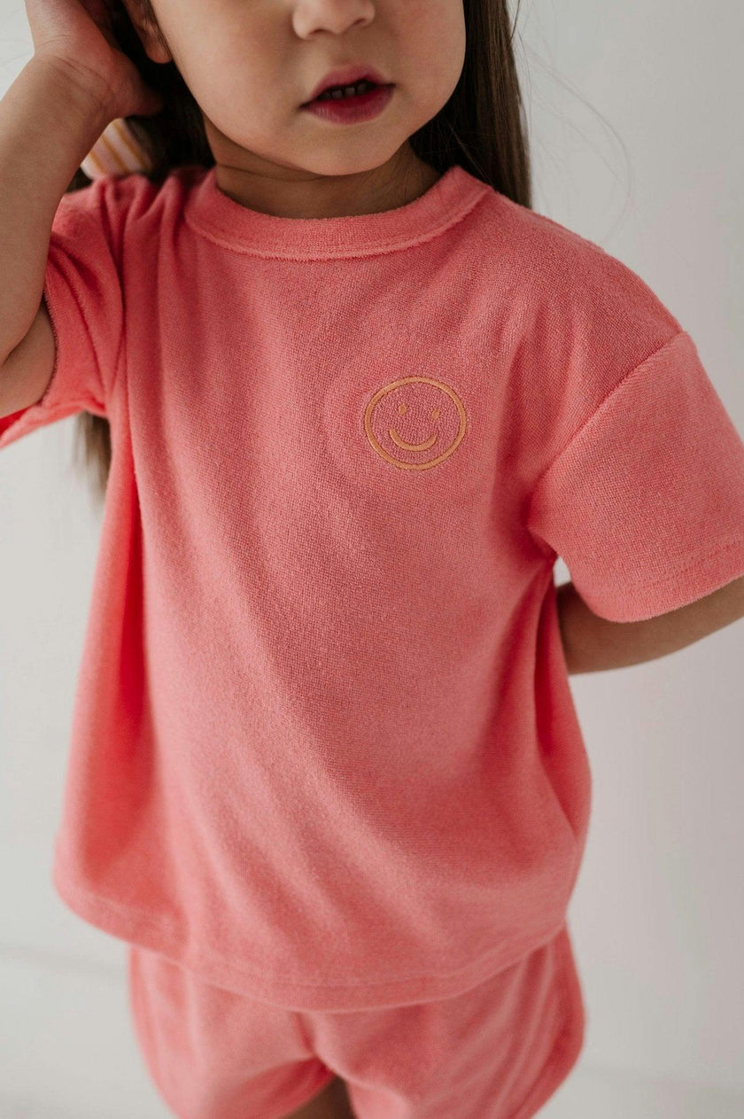 Girls Short Sleeve Cotton Terry Set in Strawberry Ice