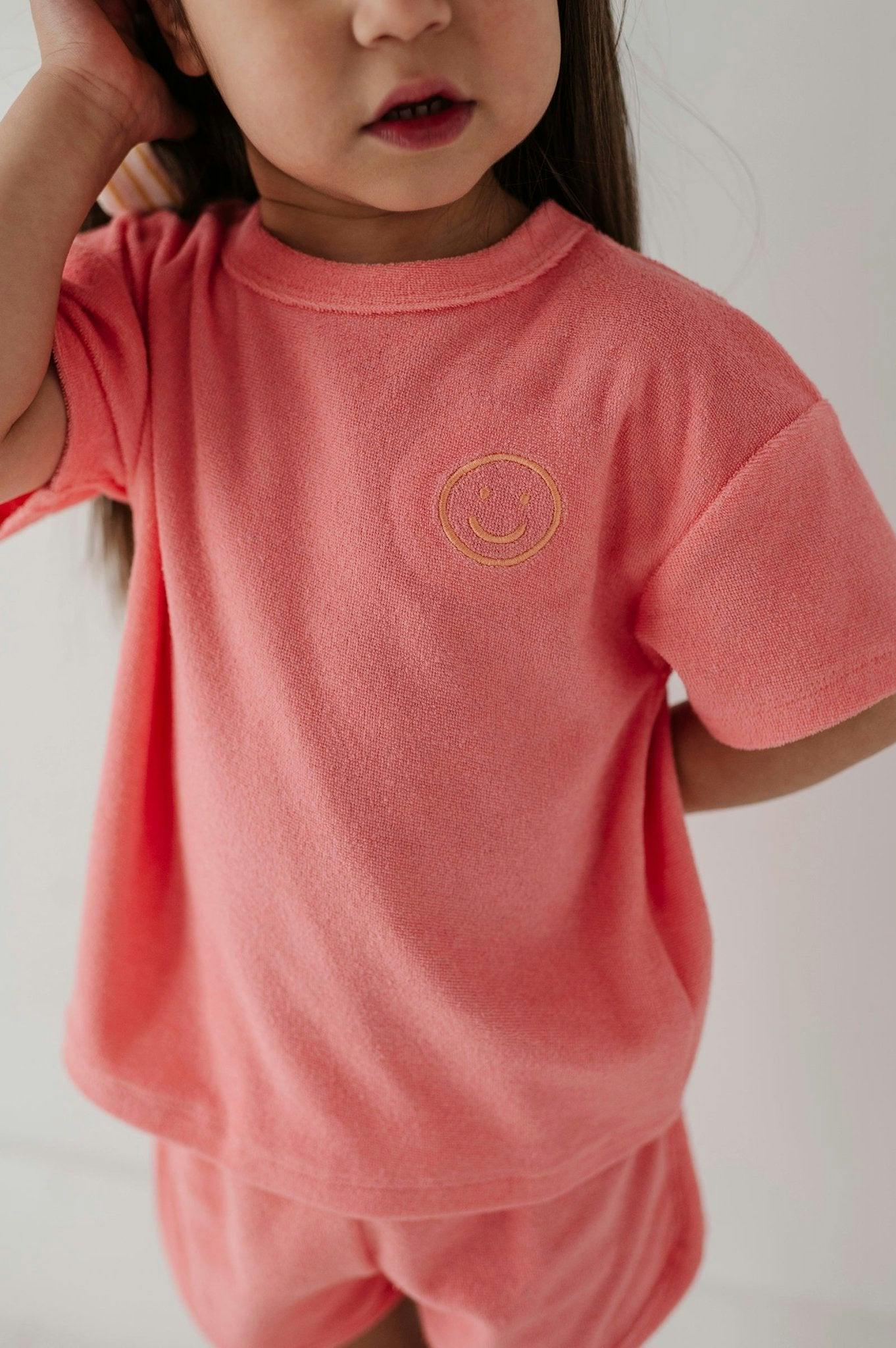 Girls Short Sleeve Cotton Terry Set in Strawberry Ice