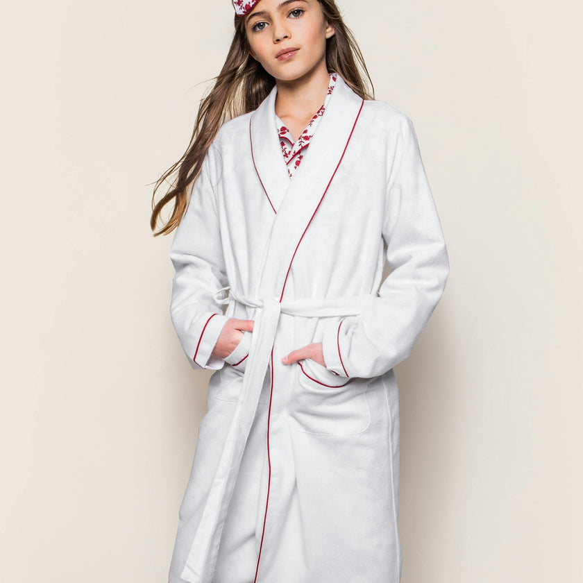 Kid's Flannel Robe in White with Red Piping