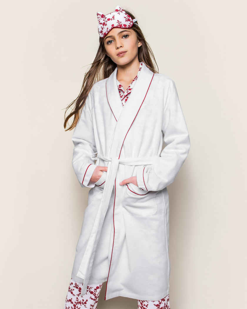 Kid's Flannel Robe in White with Red Piping