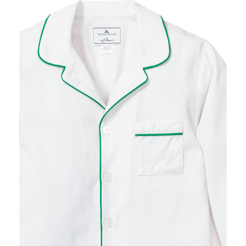 Kid's Twill Pajama Set in White with Green Piping