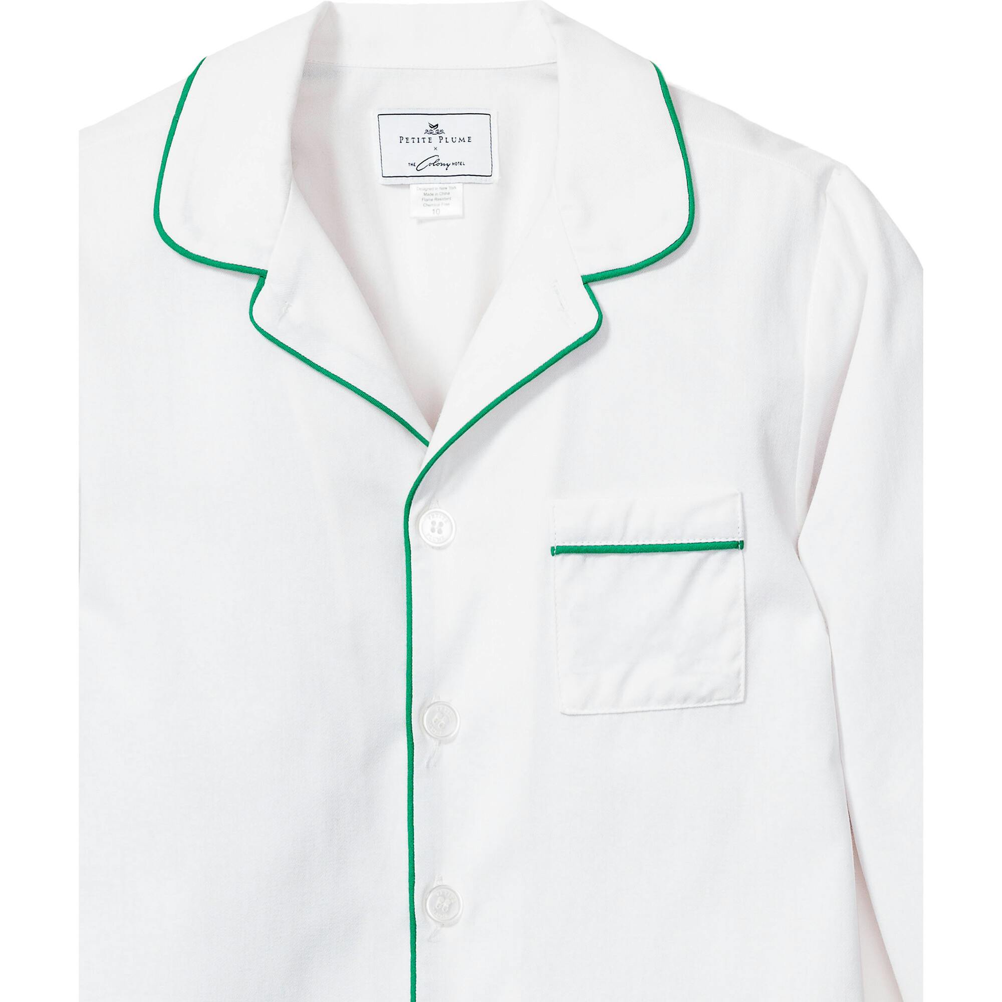 Kid's Twill Pajama Set in White with Green Piping