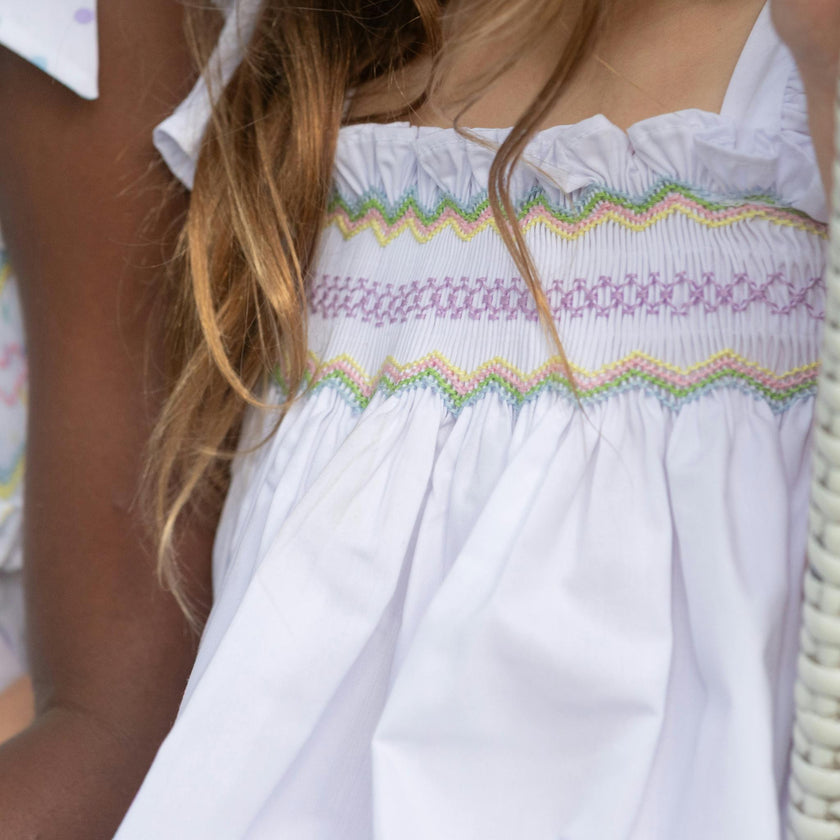 The Harper Set in Classic White with Rainbow Smocking