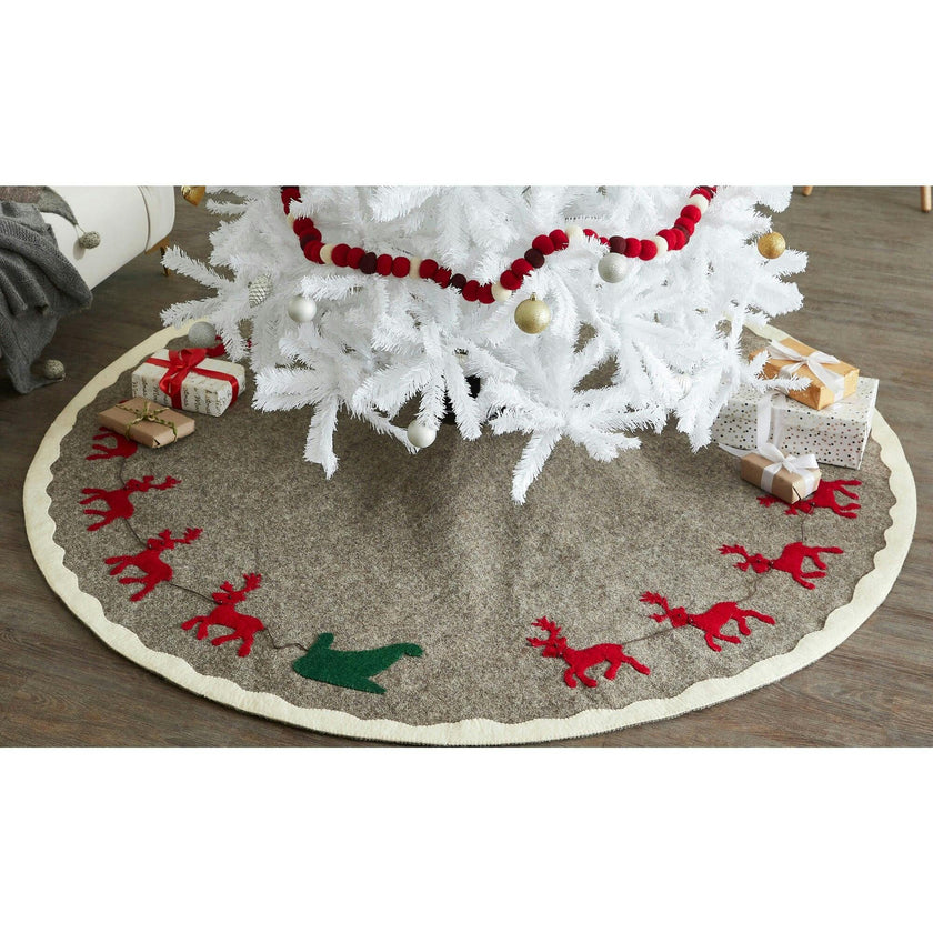 Hand Felted Wool Reindeer and Sleigh Christmas Tree Skirt