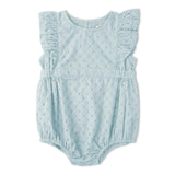 Organic Eyelet Flutter Romper - Light Blue Eyelet