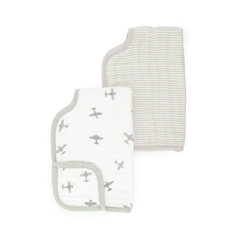 Organic Cotton Muslin Burp Cloth 2 Pack - Pewter Planes + Sand Stripe