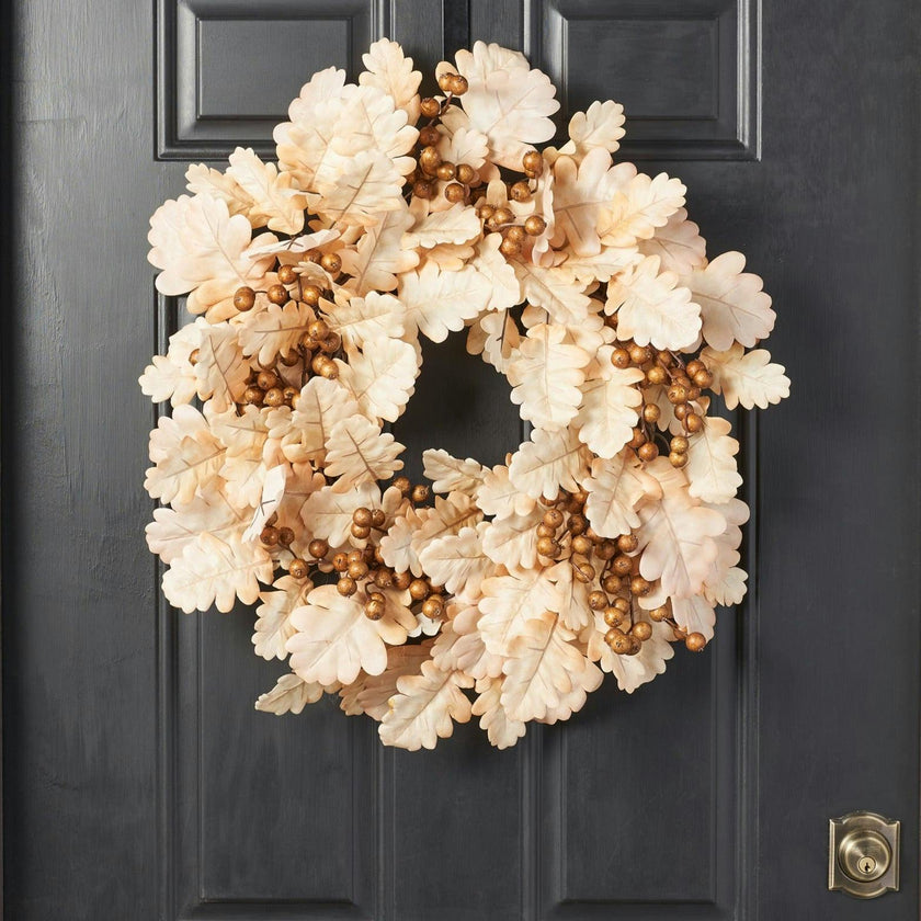 Bleached Cream Oak Leaf & Toffee Brown Berry Fall Wreath