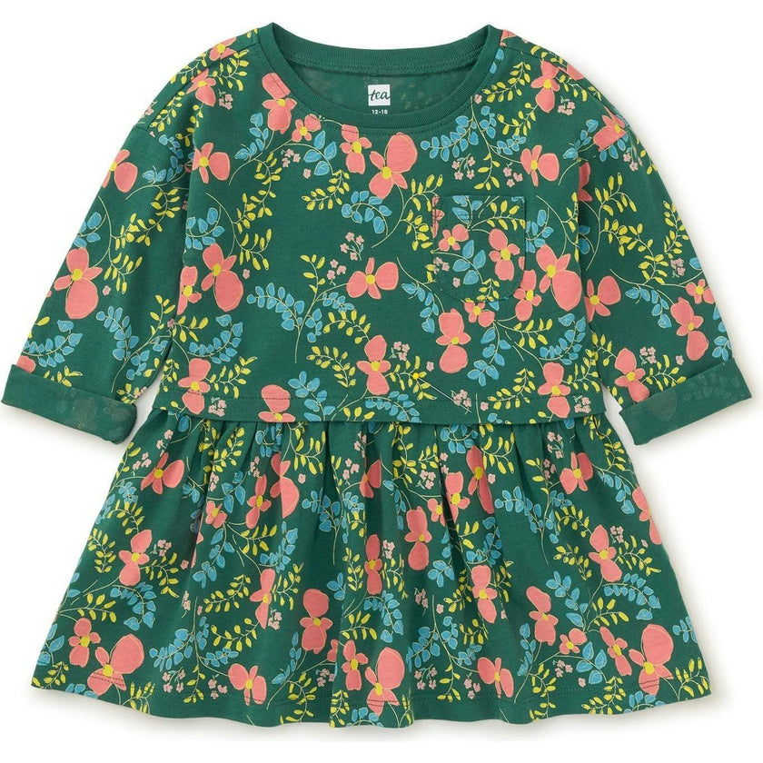 Original Print Boat Neck Long Sleeve Pocket Play Dress, Multi