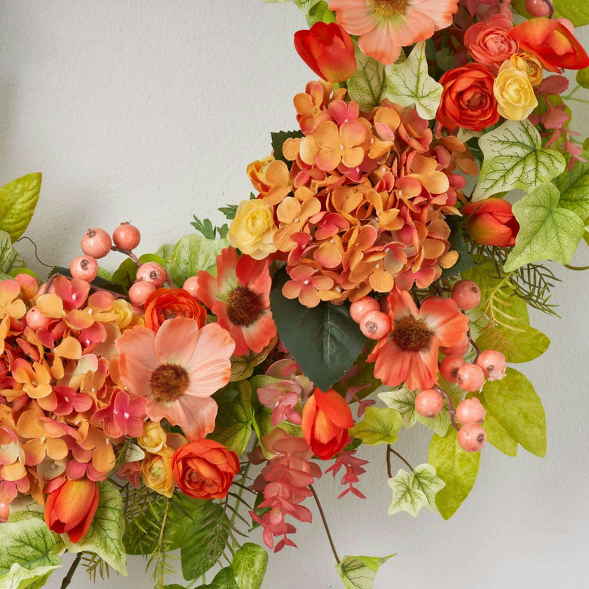 Real Touch Spring Ivy with Salmon Hydrangea Wreath, Orange