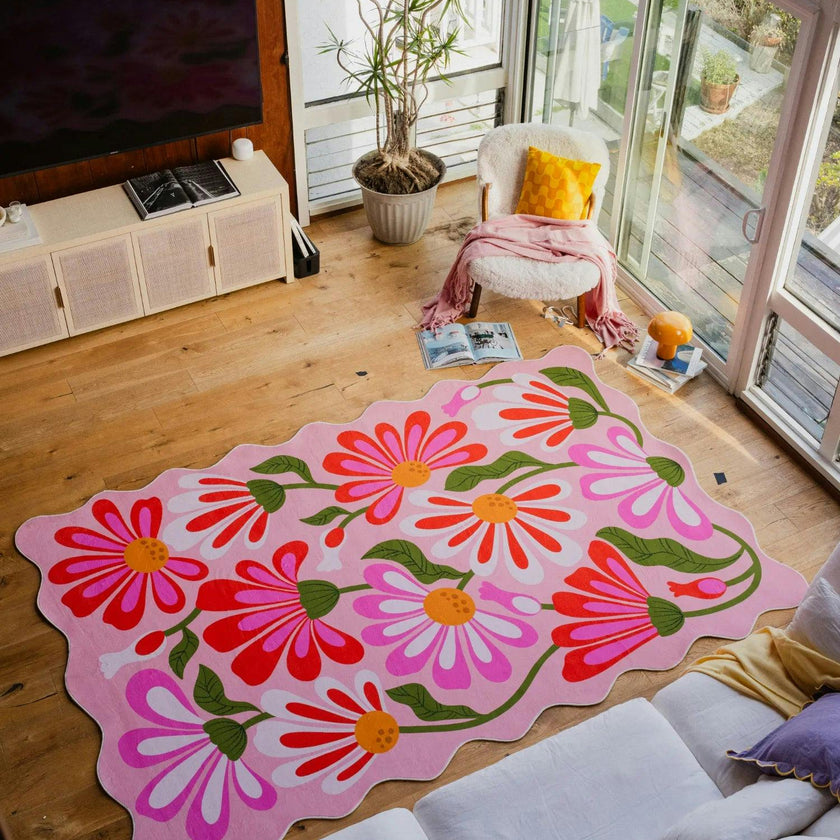 Pink Base Pink Floral Wavy Rug by Jessica Miller