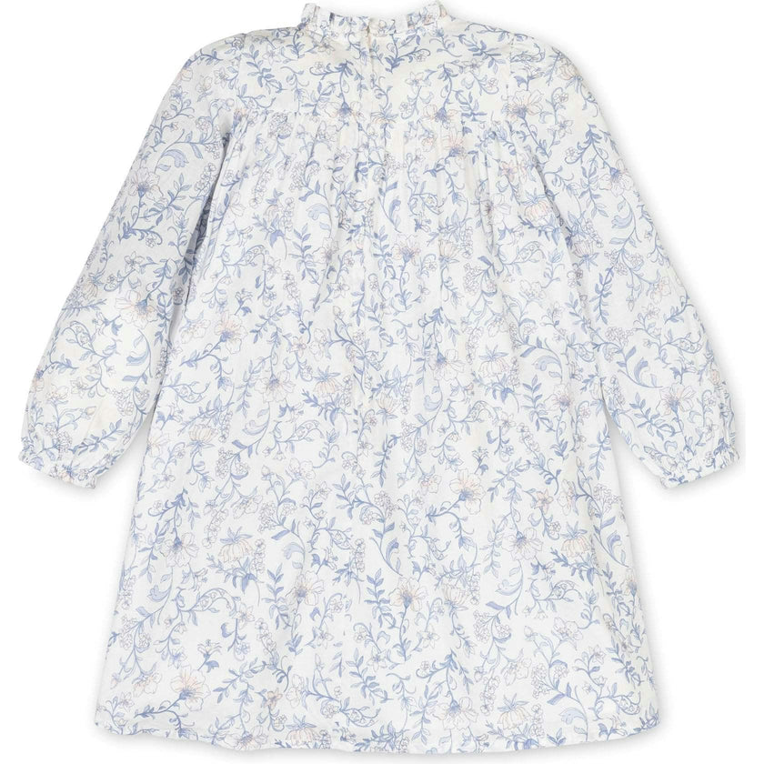 Organic Long Sleeve Ruffle Neck Smocked Yoke Dress, White
