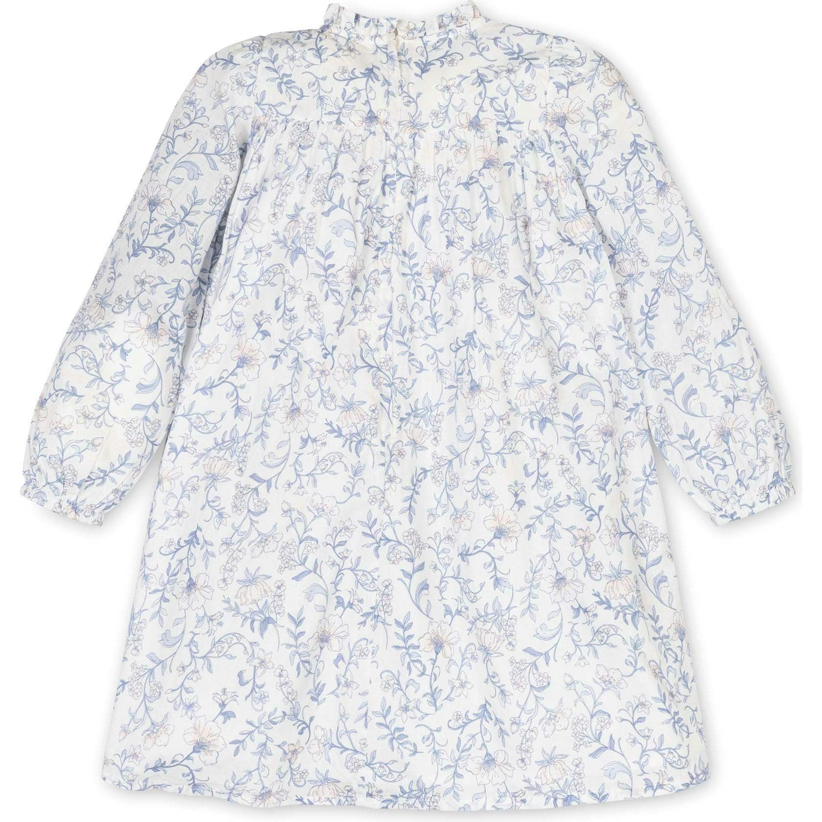 Organic Long Sleeve Ruffle Neck Smocked Yoke Dress, White