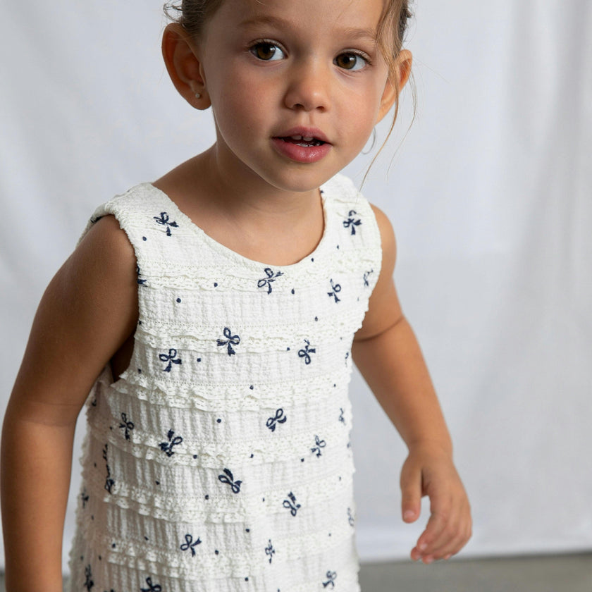 White Bow-Pattern Drop-Waist Dress