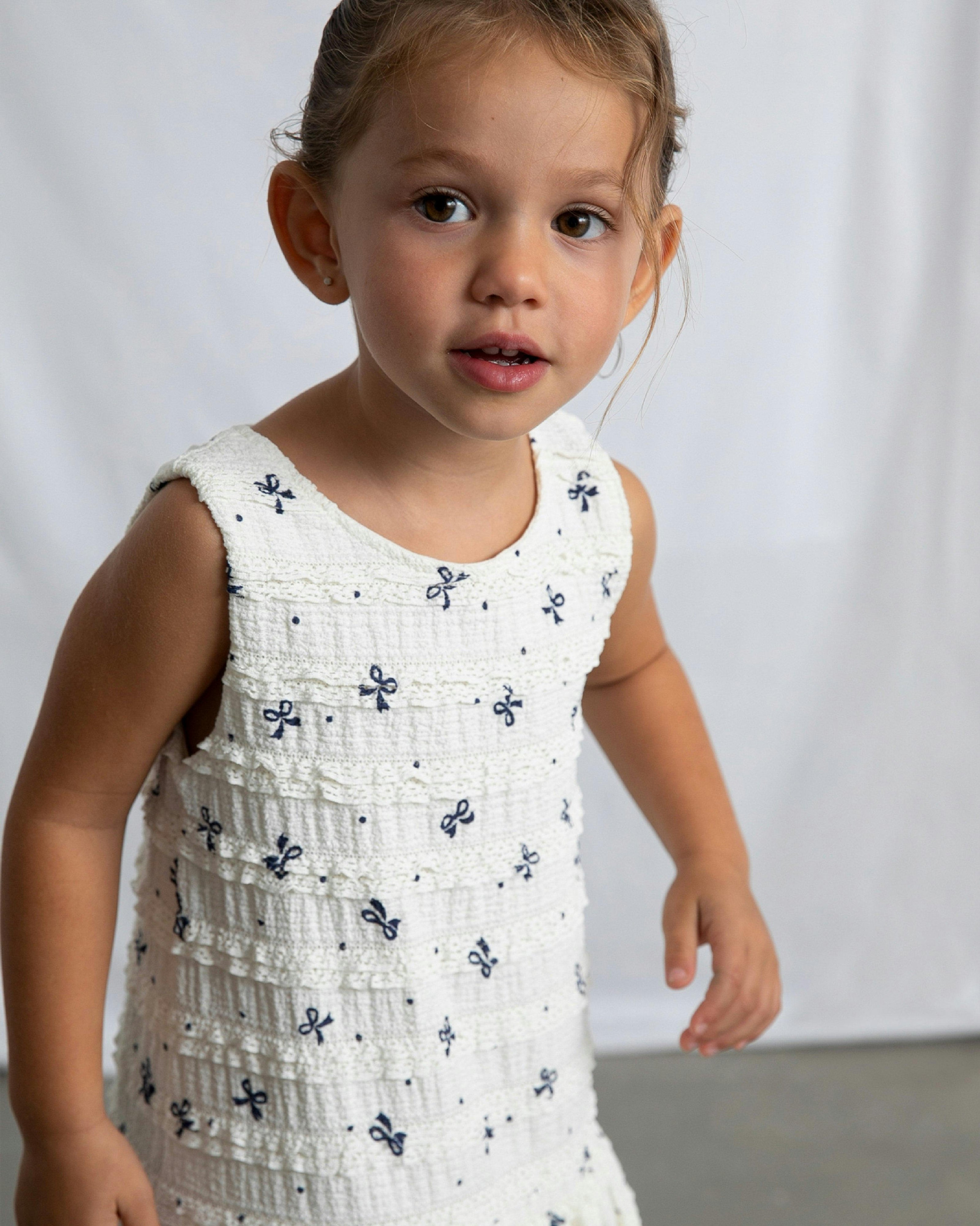 White Bow-Pattern Drop-Waist Dress