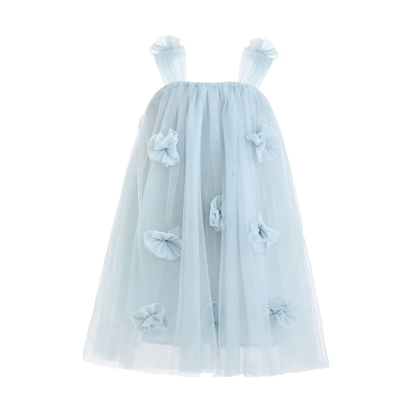 Blue Flower-Embellished Tulle Dress