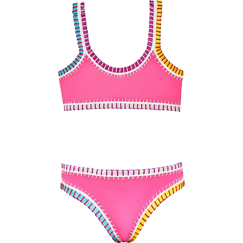 Sporty Rainbow Embroidered Two-Piece Bikini, Pink
