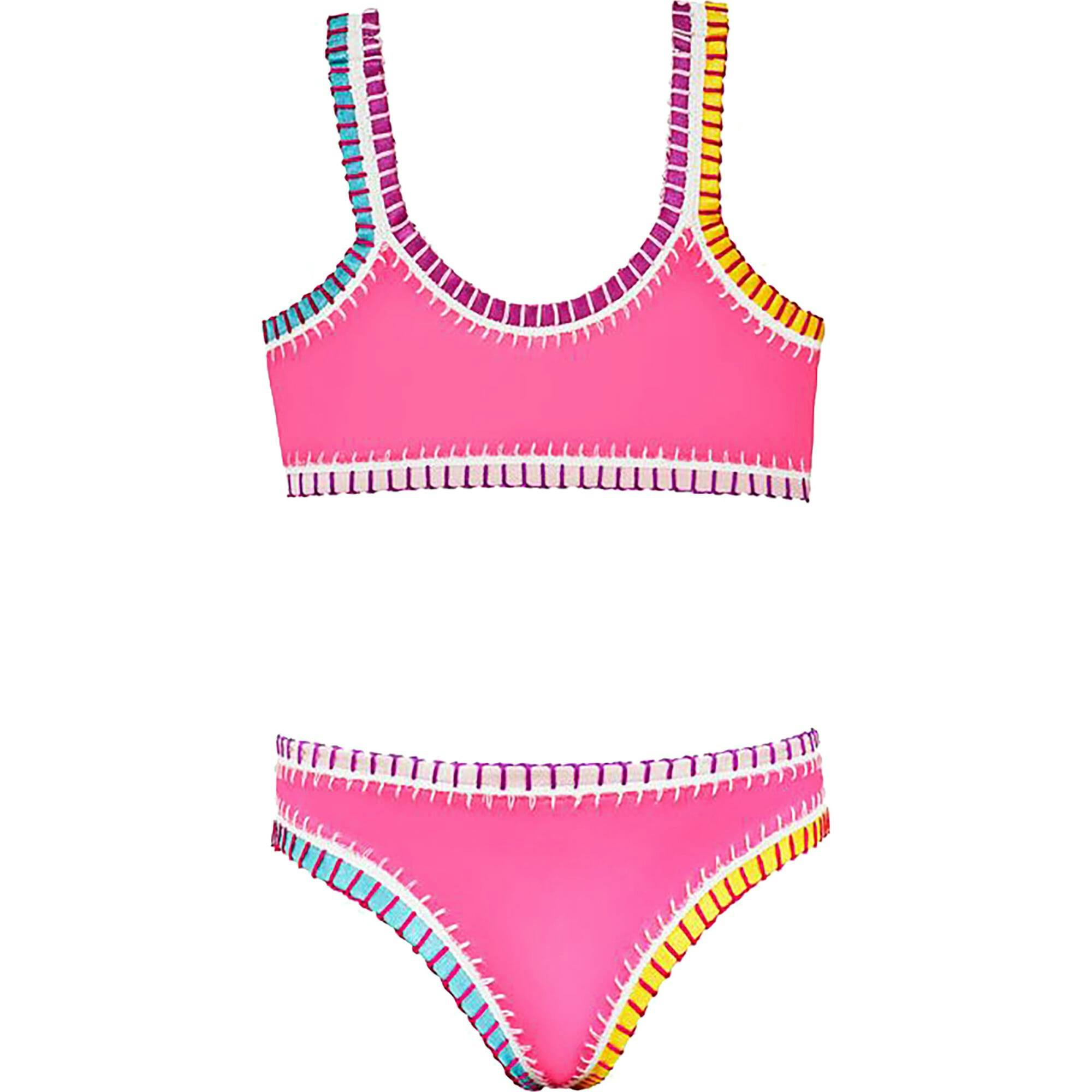 Sporty Rainbow Embroidered Two-Piece Bikini, Pink