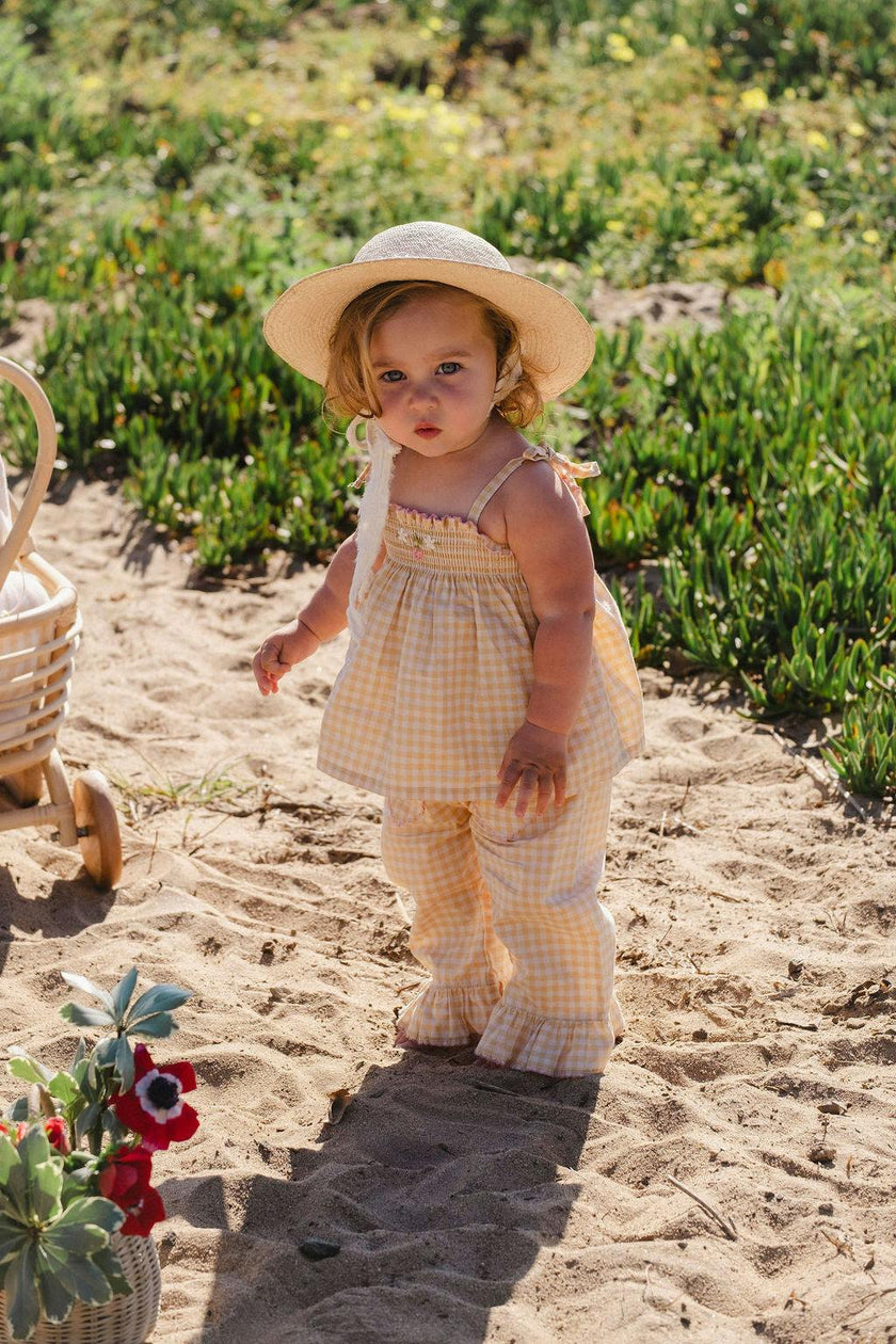 Ruffle Pant Set in Yellow Gingham/Strawberry