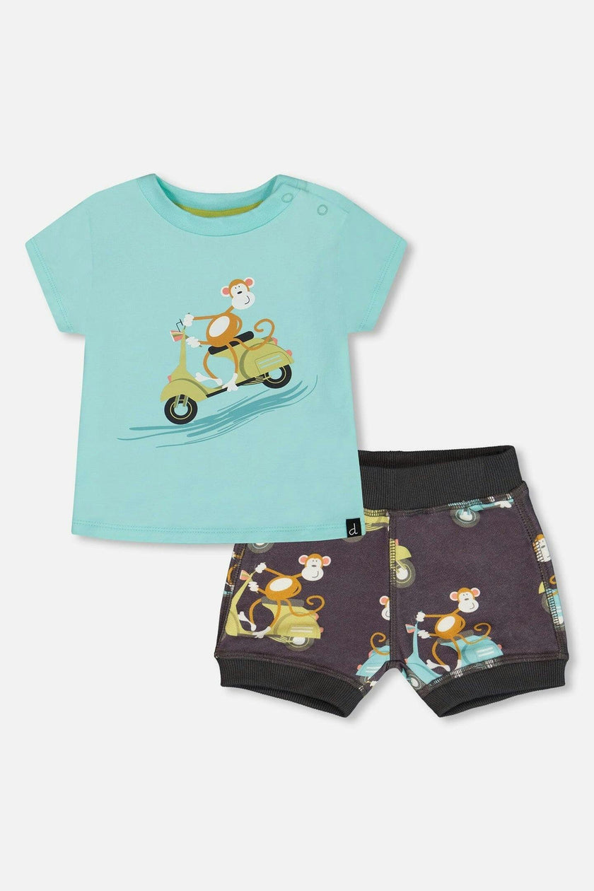 Two-Piece Top And Short Set Monkey On Navy And Turquoise Moped