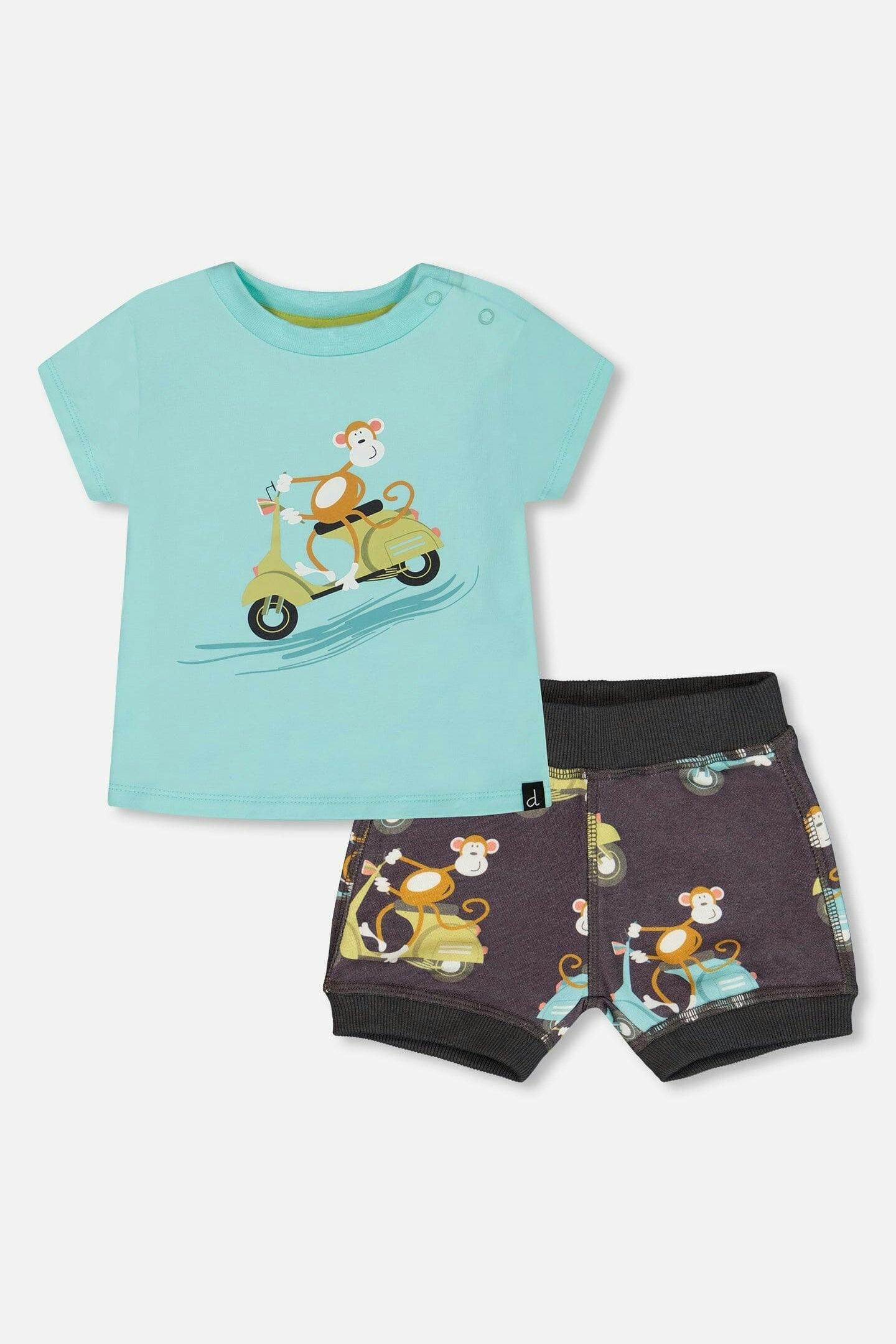 Two-Piece Top And Short Set Monkey On Navy And Turquoise Moped