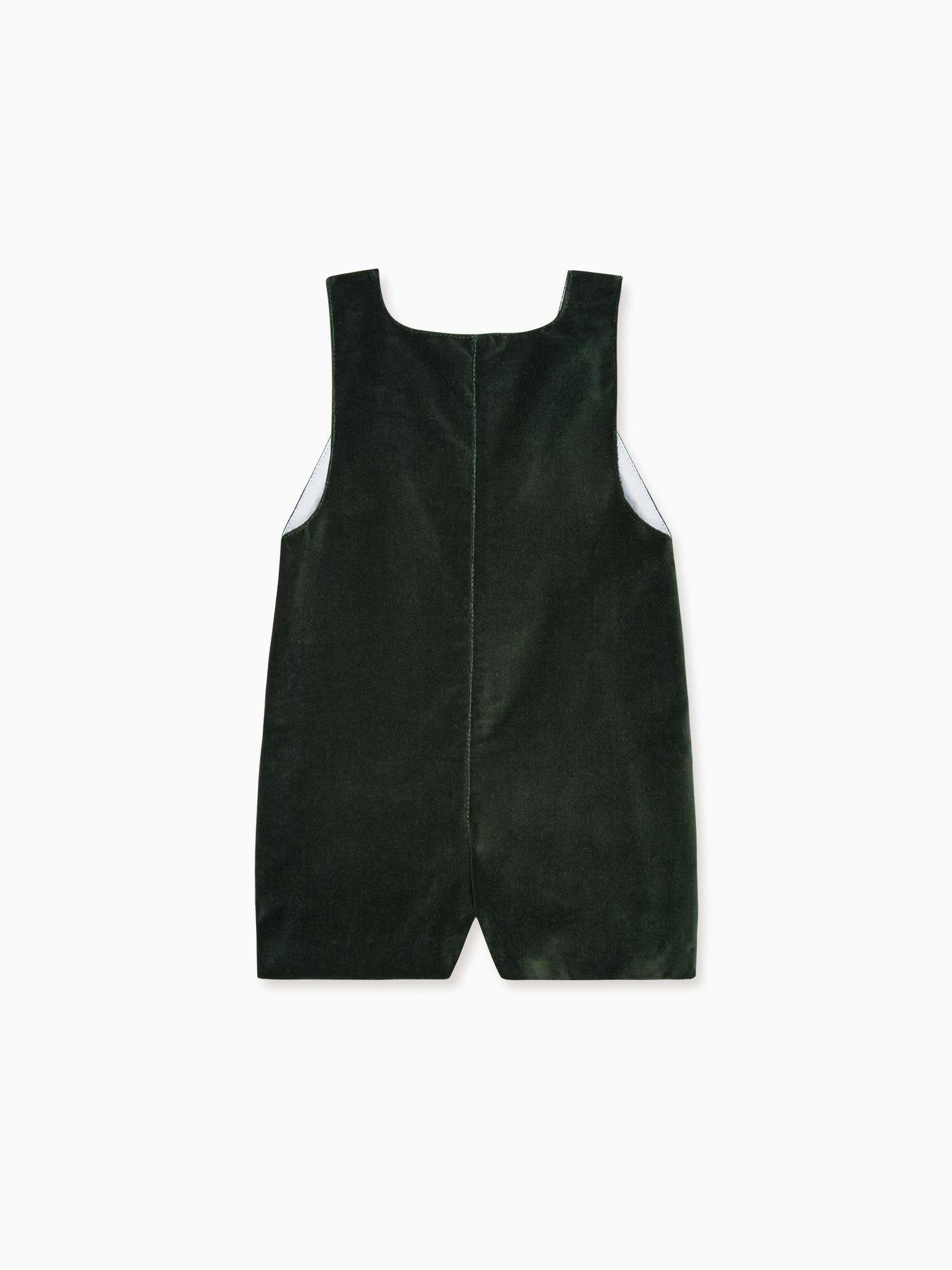 Dark Green Buganvilla Velvet Baby Dungarees