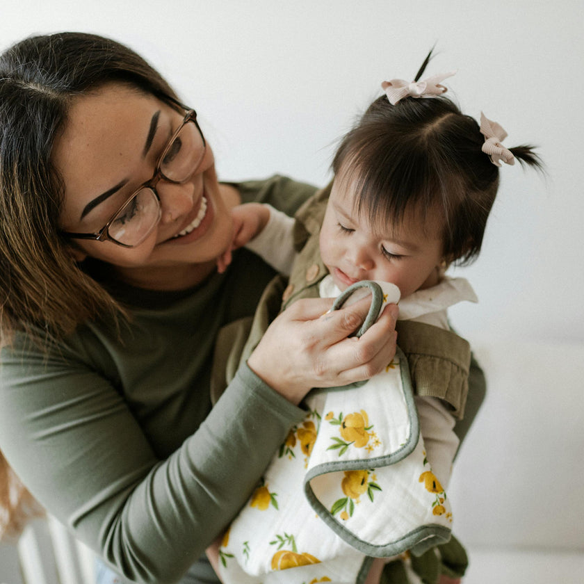 Organic Cotton Muslin Burp Cloth 2 Pack - Yellow Roses + Olive Branch