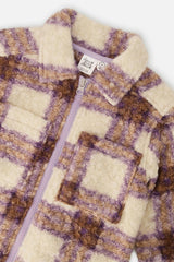 Zipped Sherpa Overshirt With Chest Pockets Beige And Mauve Plaid
