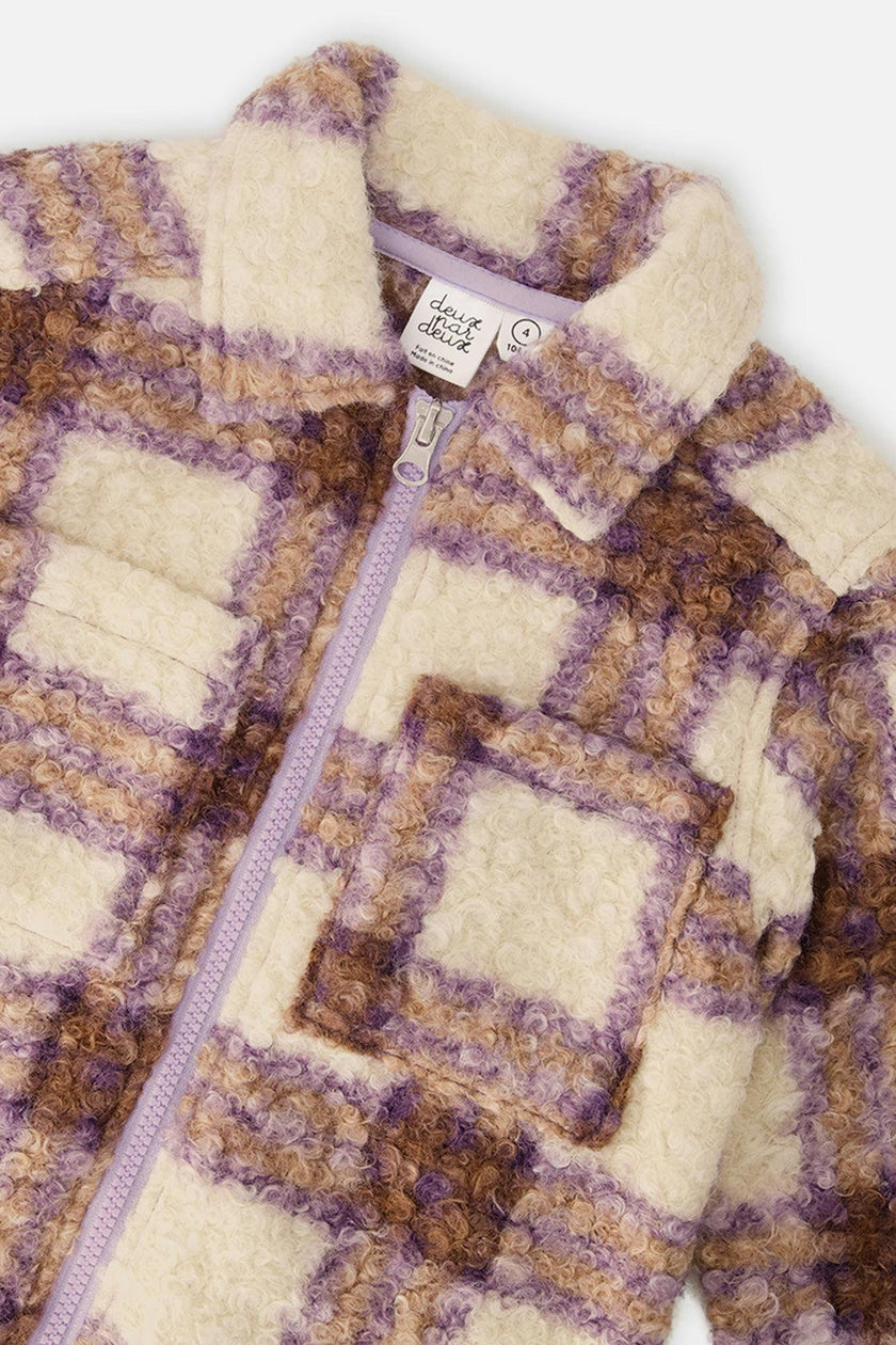 Zipped Sherpa Overshirt With Chest Pockets Beige And Mauve Plaid