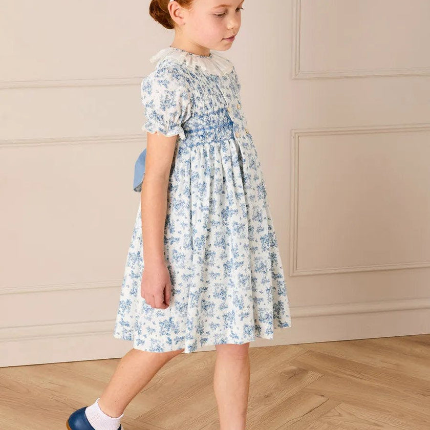 Audrey Toile Hand Smocked Ruffle Collar Short Sleeve Dress in Blue (12mths- 10yrs)