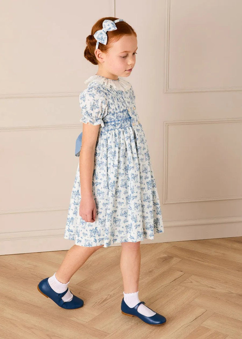 Audrey Toile Hand Smocked Ruffle Collar Short Sleeve Dress in Blue (12mths- 10yrs)