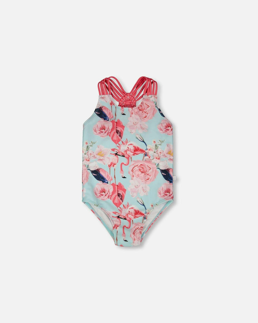 One-Piece Swimsuit Blue Flamingo Print