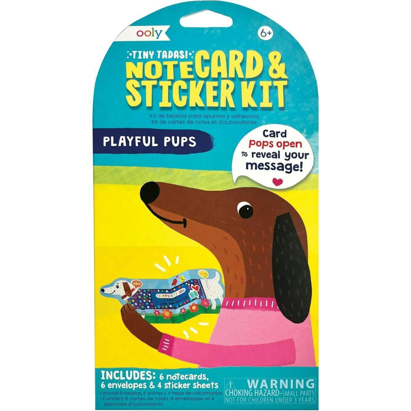 Tiny Tadas! Note Cards and Sticker Set - Playful Pups - 6 Cards Envelopes