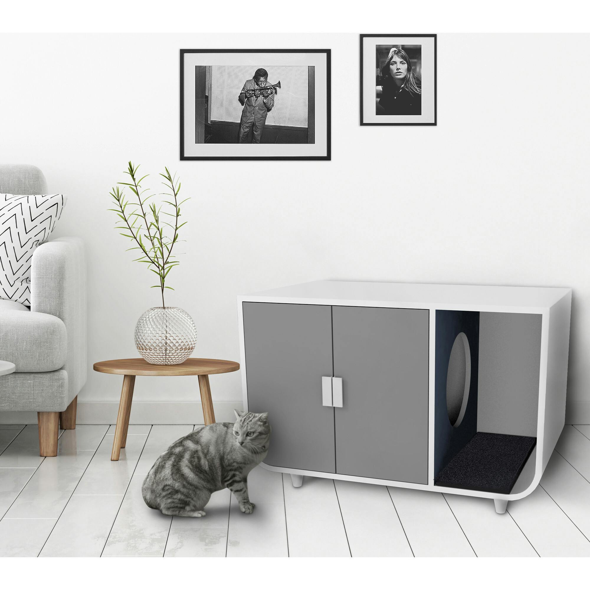 Dyad Large Mid Century Wooden Litter Box Cabinet and Side Table