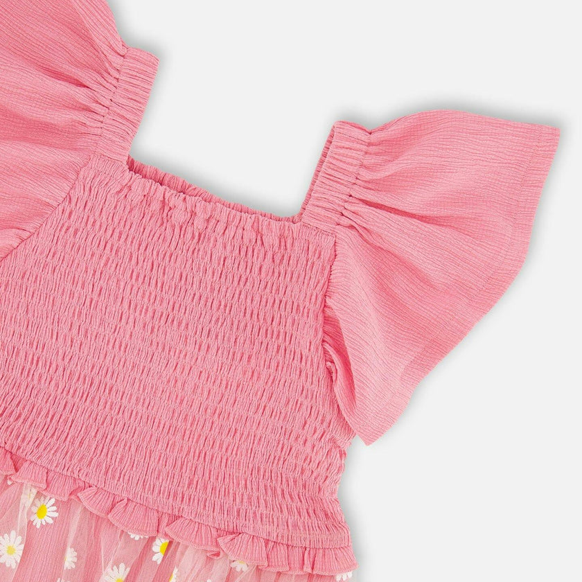 Mesh And Crinkle Jersey Dress With Smocking