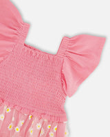 Mesh And Crinkle Jersey Dress With Smocking