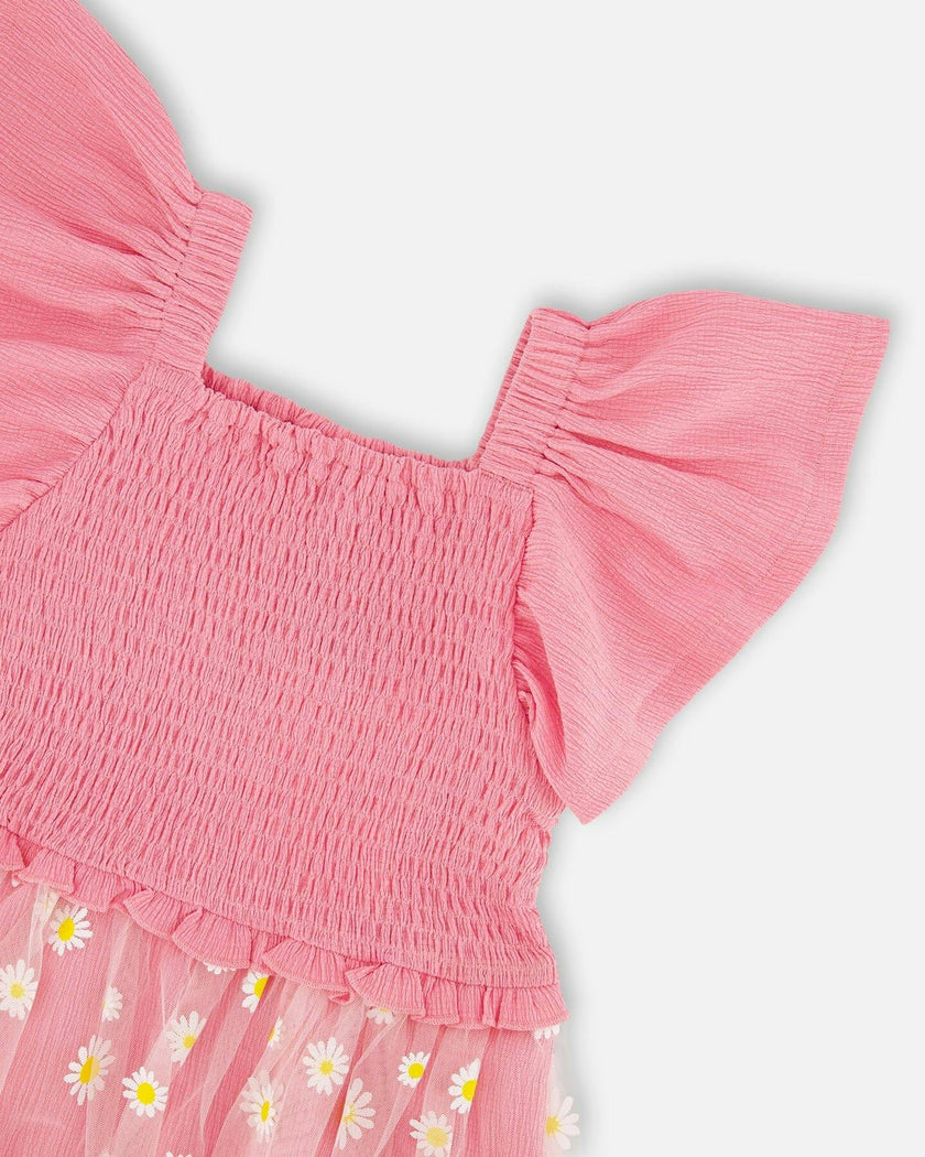 Mesh And Crinkle Jersey Dress With Smocking