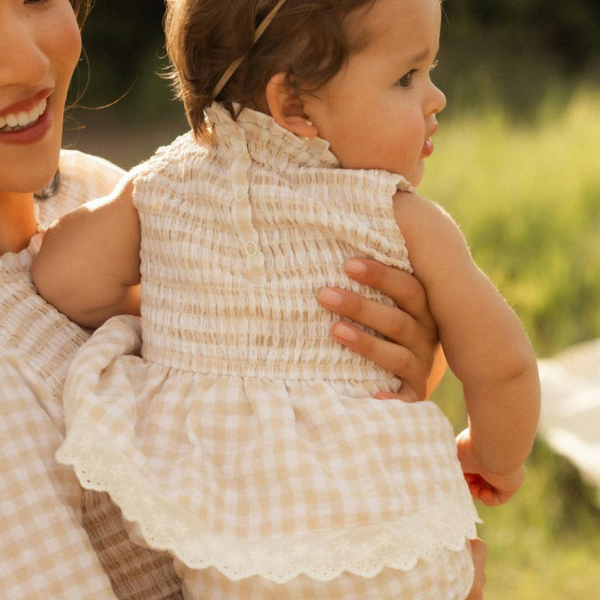 Baby Presley Sleeveless Romper in Cream Gingham
