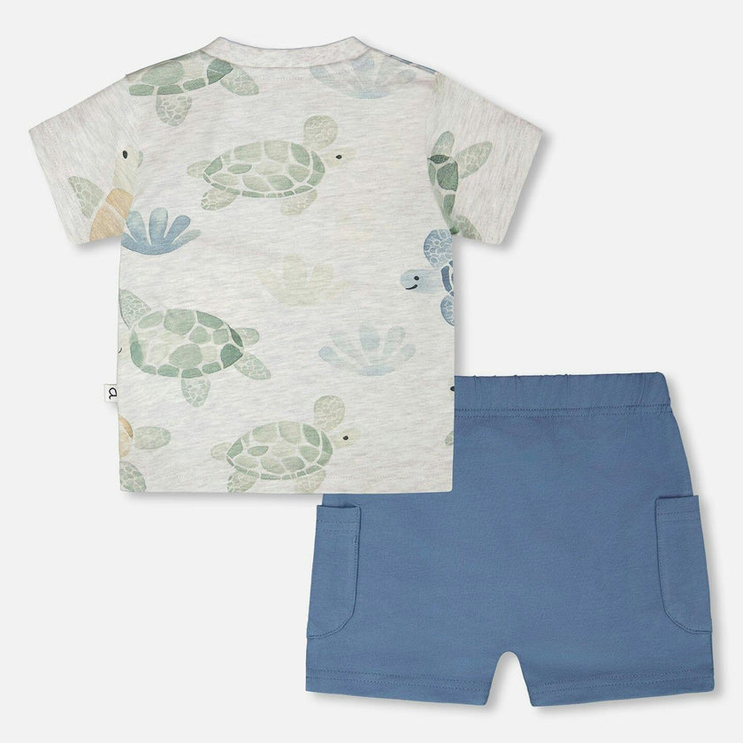Jersey T-Shirt And Organic Cotton Jersey Shorts Set Grey Mix Turtle Print And Medium Blue